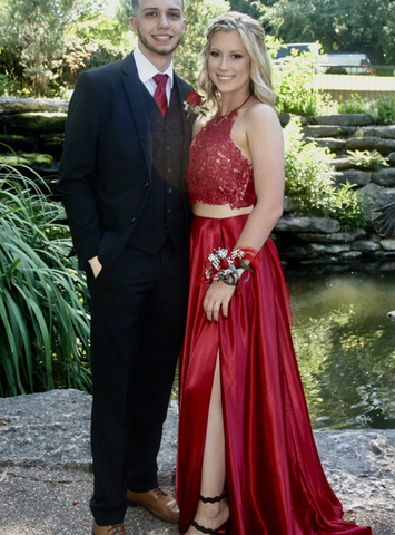 Lace A-Line Red Satin Two Piece Halter Backless Prom Dress