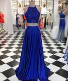 High Neck Blue Two Pieces Long Prom Dress