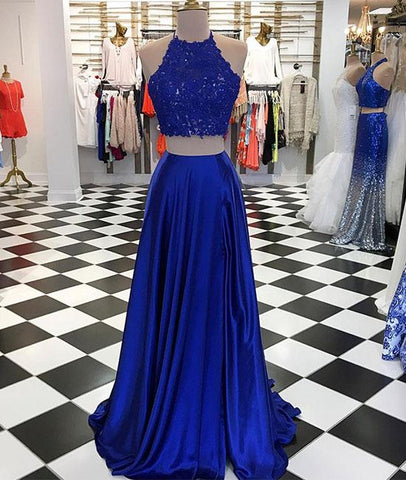 High Neck Blue Two Pieces Long Prom Dress – Sassymyprom