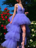 Lilac Tulle Sleeves Beading V Neck Prom Dress