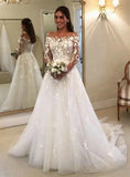Tulle Long Sleeve Appliques A-Line White Wedding Dress