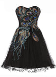 Chic Eye-catching Tulle & Satin Sweetheart Neckline A-Line Short Cocktail Dresses With Peacock Pattern
