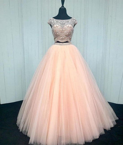 Pink Two Pieces Beads Tulle Long Prom Dress