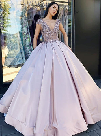 Ball Gown V-Neck Blush Satin Quinceanera Dress with Lace Beading