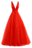 Red V Neck Backless Prom Dresses Long 2017 Evening Party Ball Gown