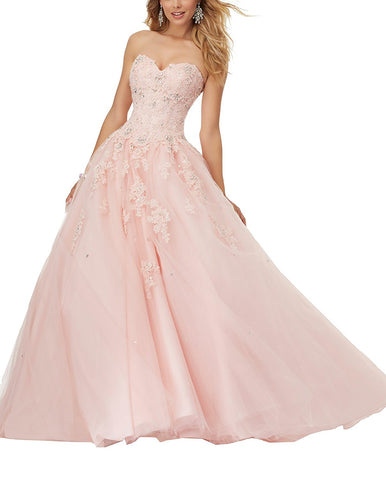 Lace Applique Floor Length Tulle Ball Gown Quinceanera Dress