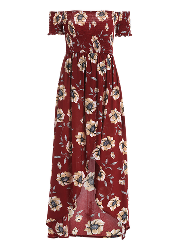 Floral Off Shoulder Shirred Asymmetric Maxi Dress