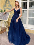 A Line V Neck Backless Sexy Navy Blue Lace Long Prom Dress
