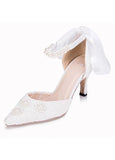 Sweet Lace Upper Pointed Toe Stiletto Heels Wedding/ Bridal Party Shoes With Ribbon & Pearls