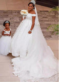 Beading Tulle Off-the-shoulder 3D Flowers Ball Gown Wedding Dress