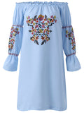 Blue White Bohemian Printed Long Sleeve Mini Dresses
