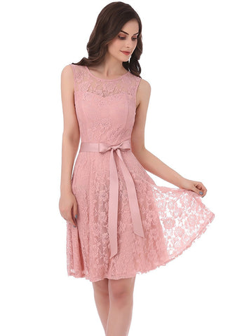 Pink Floral Lace Dress Short Bridesmaid Dresses with Sheer Neckline
