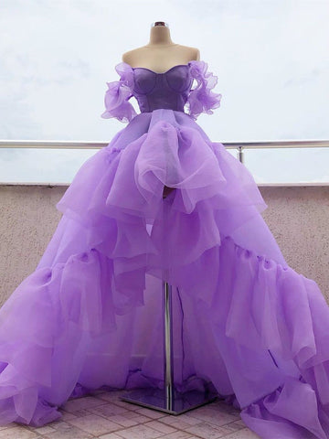 High Low Puffy Sleeves Tulle Purple Prom Dress