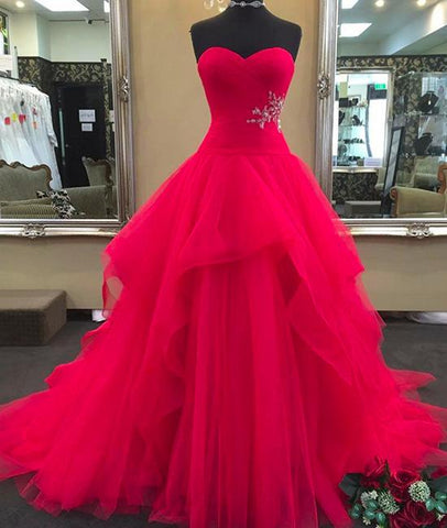 Red Sweetheart Neck Tulle Long Prom Dress