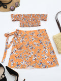 Floral Print Crop Top and Skirt Set Orange