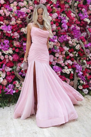Pleats Mermaid Spaghetti Straps Pink Prom Dress With Slit
