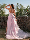 Tulle Pink Lace V Neck Backless Long Prom Dress