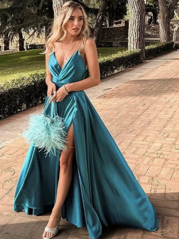 V Neck Backless Blue Sexy Slit Long Prom Dress
