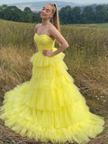 Layered Long Sweetheart Yellow Tulle Prom Dress