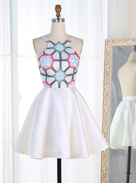 White Short Flowers Embroidery Homecoming Dress US10 / White