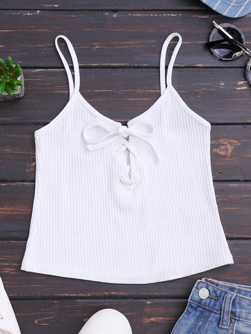 White Ribbed Lace Up Crop Tank Top