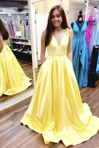 Yellow Satin V Neck Beautiful Appliques Long Prom Dress