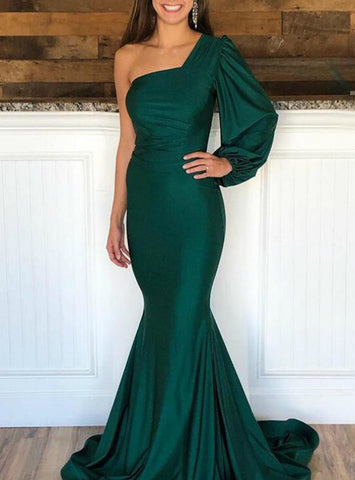 Long Sleeve Green One Shoulder Mermaid Satin Prom Dress