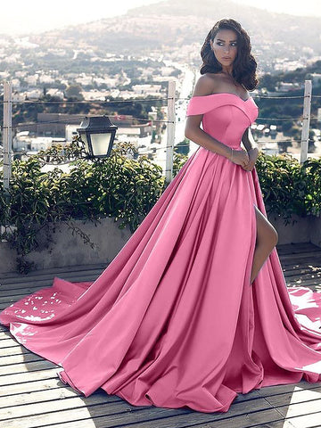 Princess Off-the-Shoulder Ruffles Satin Pink Dress
