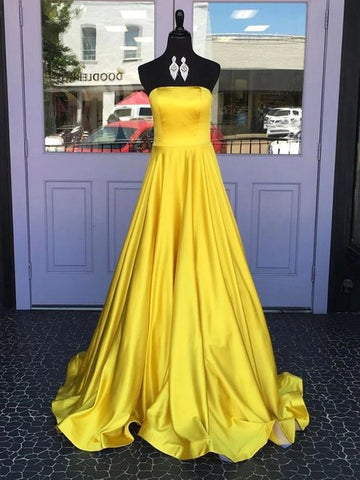 Strapless Yellow Satin Long Sexy A Line Prom Dress
