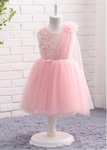 Lovely Tulle Jewel Neckline Ball Gown Flower Girl Dresses With Lace Appliques & Belt