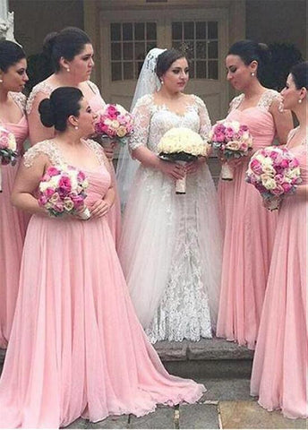 Chic Tulle & Silk-like Chiffon V-neck Neckline A-line Bridesmaid Dresses With Lace Appliques