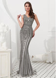 Tulle V-neck Silver Rhinestone Mermaid Evening Dress