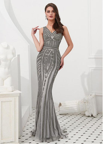 Tulle V-neck Silver Rhinestone Mermaid Evening Dress – Sassymyprom