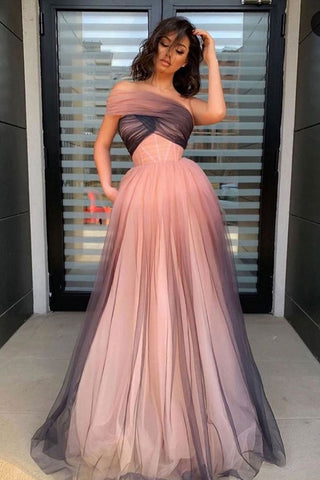 Tulle Floor Length Gradient One Shoulder Pleats Prom Dress
