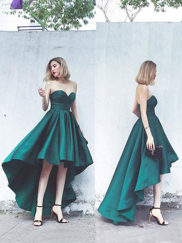 A-Line Green Satin Ruffles Sweetheart Asymmetrical Homecoming Dress