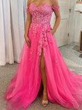 Pink Off The Shoulder Appliques Tulle Beading Prom Dress