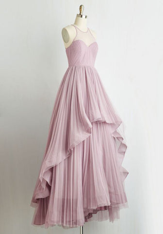 Pink Illusion Neck Chiffon Long Prom Dress