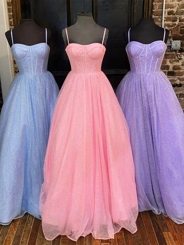 Spaghetti Straps Tulle Purple Bling Bling A Line Prom Dress