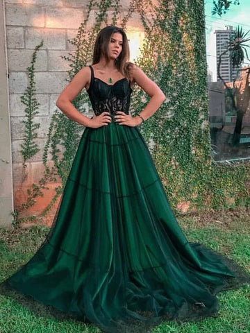 Dark Green Tulle Straps Appliques See Through Prom Dress