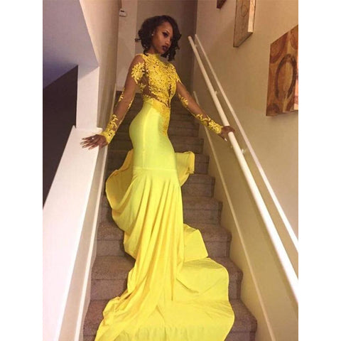 Trumpet/Mermaid High Neck Long Sleeves Yellow Applique Satin Prom Dresses