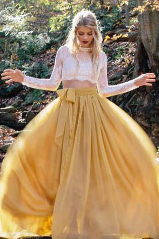 Two Piece Long Sleeve Lace Yellow Wedding Dress
