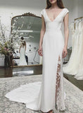 Cap Sleeves Appliques Backless V-neck Beach Lace Bridal Dress