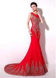 Red Eye-catching Jersey Jewel Neckline Mermaid Evening Dresses With Lace Appliques