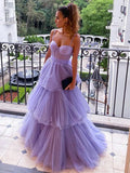 Spaghetti Straps Backless Ruffles Purple Prom Dress