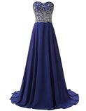 Long Beaded Royal Blue Prom Dresses Featuring Sweetheart Neckline Long Chiffon A Line Court Train Evening Gown