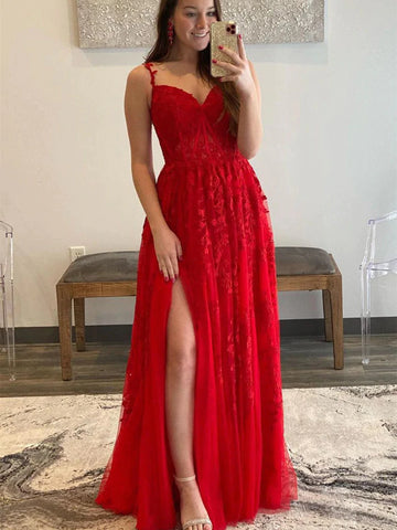 Red Lace Sexy Backless Formal Prom Dress With Slit