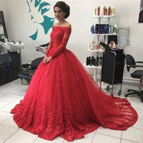 Ball Gown Long Sleeves Lace Red Prom Dress