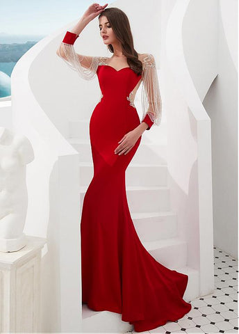 Satin Bateau Red Beading Long Sleeves Mermaid Evening Dress