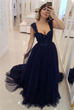 Blue Tulle Straps Beading Long Formal Prom Dress