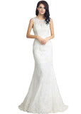 Fantastic Lace & Tulle Jewel Neckline Sheath Wedding Dresses With Lace Appliques